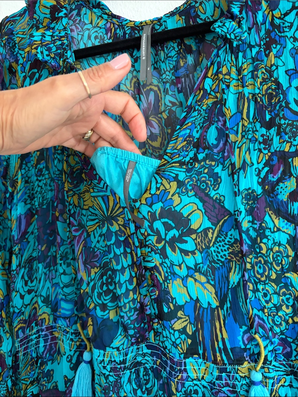 Anthropologie Teal Floral Long Sleeve Tiered Maxi Dress - Picture 3 of 9